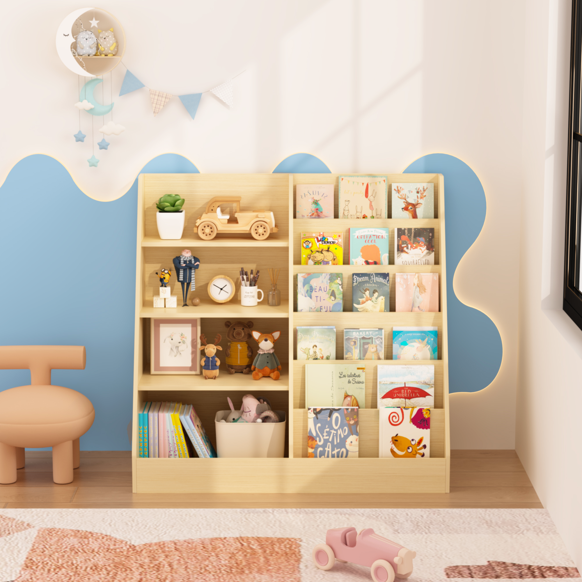 Kids Furniture Kids Bookshelf and Toy Storage Organizer, Multifunctional 4 Tier Wooden Kids Book Shelf with Bookcase Display Stand in Kids Room Playroom Nursery for Kids, Children, Toddlers (Natural)