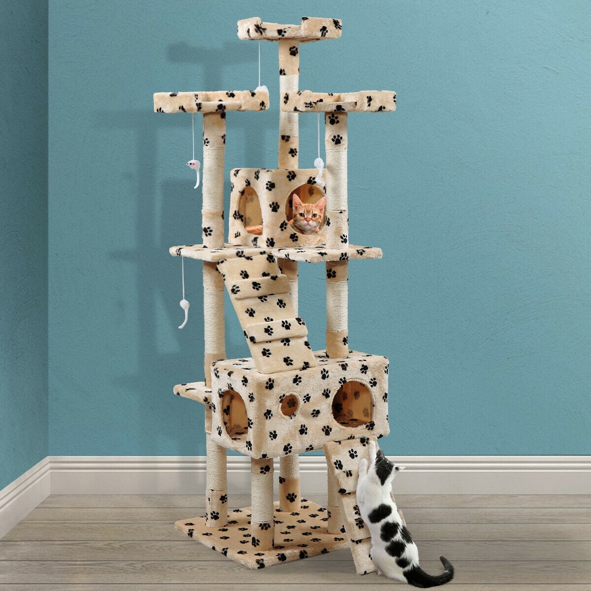 Kepooman 67" Multi-Level Cat Tree & Condo Tower with Sisal-Covered Scratching Post for Kittens, Beige with Paws Kepooman 67" Multi-Level Cat Tree & Condo Tower with Sisal-Covered Scratching Post for Kittens, Beige with Paws