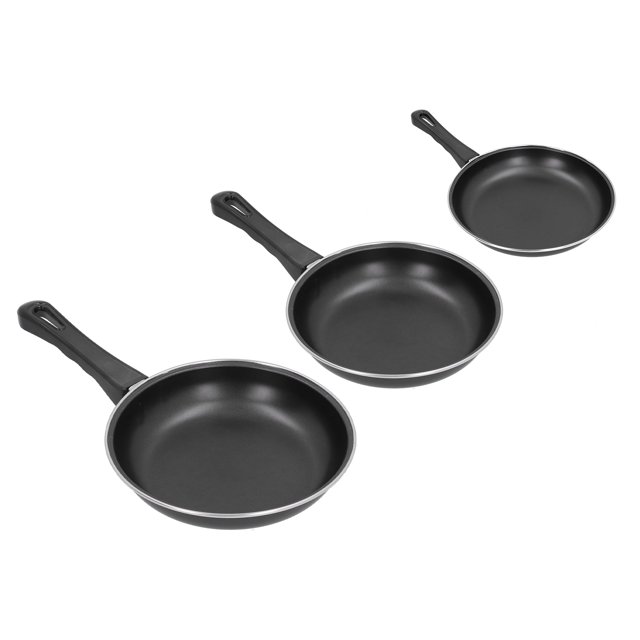 Pan Kitchenware Frying Pan Set with three black non-stick stainless steel skillets, sized approximately 20x35cm, 25x40cm, and 30x45cm. Ideal for home and restaurant kitchens, featuring even heating, easy cleaning, and ergonomic handles.