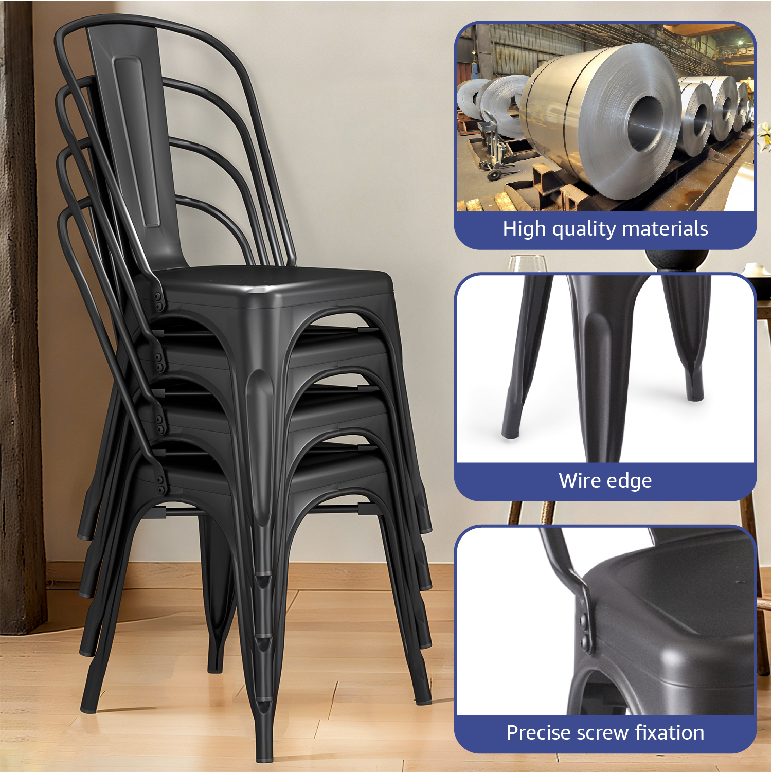 VOLIX 33'' Black Metal Dining Chair Stackable Side Chair  Outdoor Indoor Patio Chair (Set of 4)