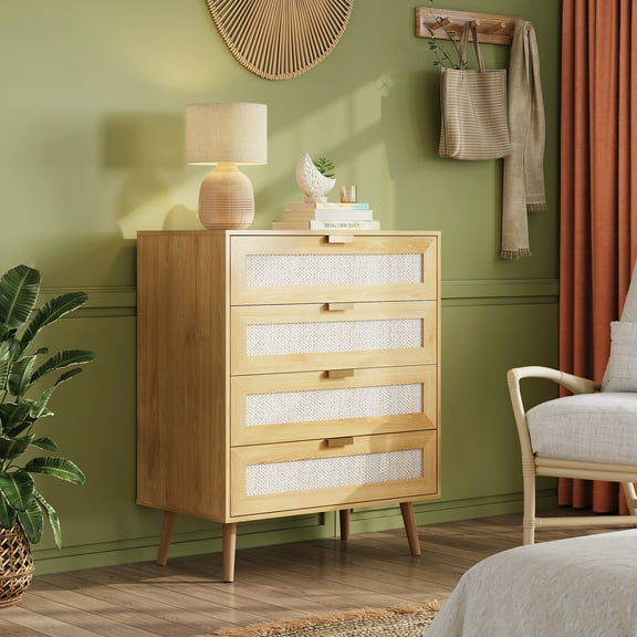 GALAXHERO 4 Drawers Dresser, Rattan Boho Chest of Drawers for Bedroom, Wood Storage Cabinet with Metal Handle for Living Room, Closet, Hallway