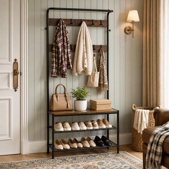 Roomisland 4-in-1 Hall Tree with Shoe Storage Bench, 10 Hooks Coat Rack Entryway Organizer, Industrial Rustic Wood Hall Tree for Mudroom, Living Room, Bedroom