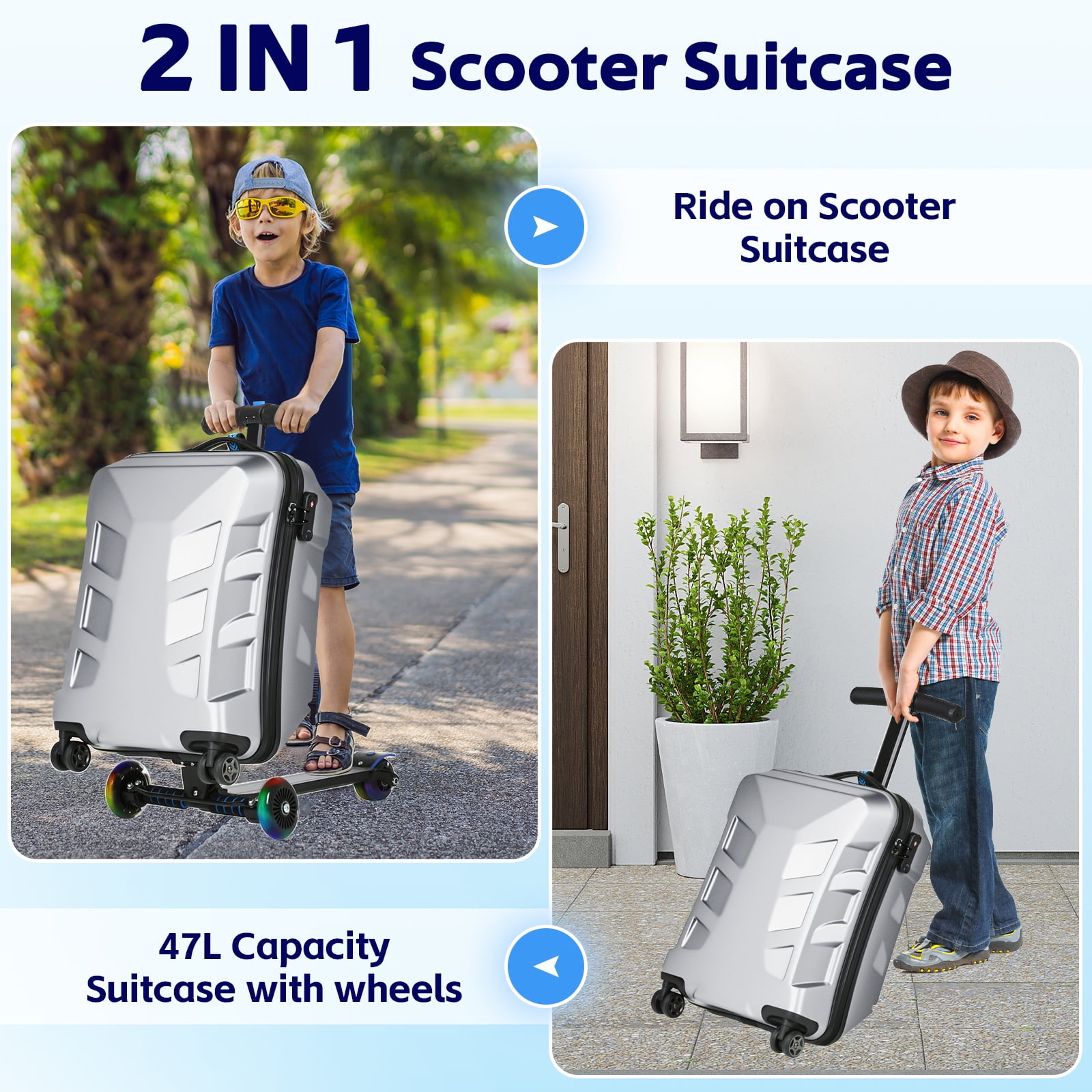 Advwin Scooter Suitcase for Kids & Adults, 3-D Hardshell Ride On Scooter Luggage with LED Light Up Wheels, TSA Lock, Lightweight Foldable Carry On Rideable Suitcase for Children Teenagers, Silver