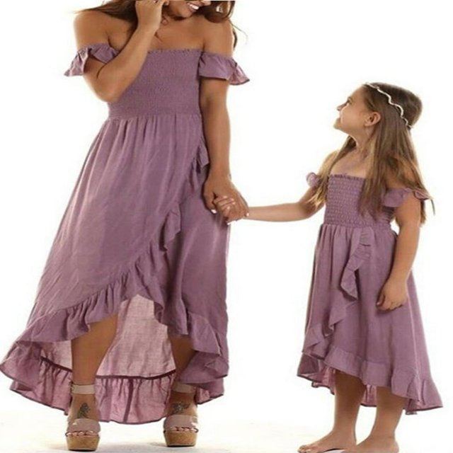 Maman et Moi Robes de Mousseline d'Épaule Ébouriffé Longue Robe Mère Fille Correspondant Robe de Soleil