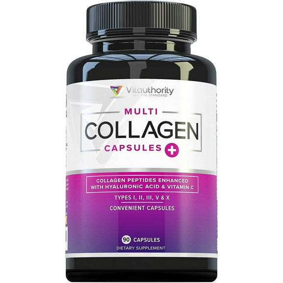Vitauthority Multi Collagen Peptides Pills Hydrolyzed Collagen Peptides with Vitamin C, 90 Capsules