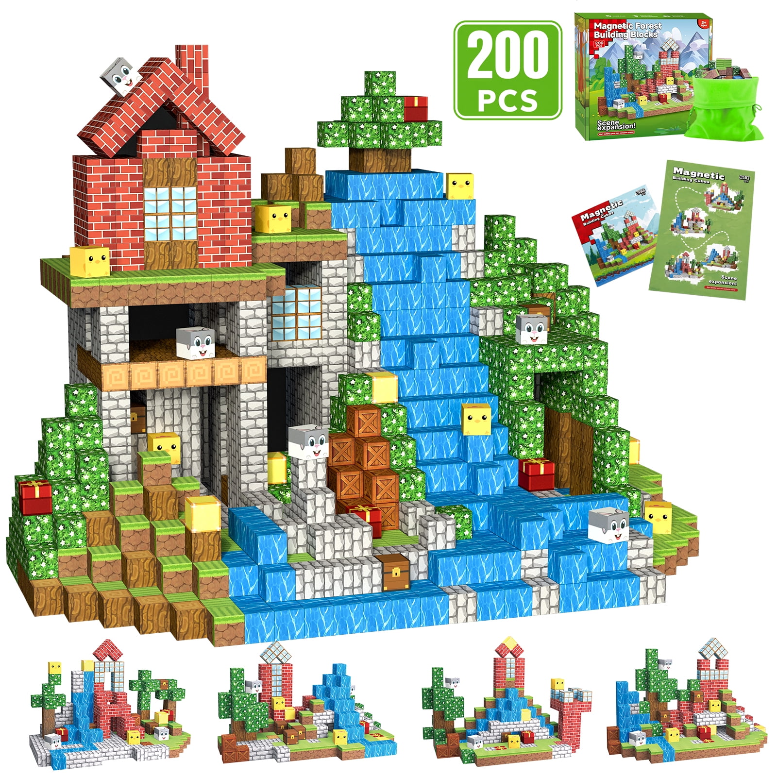WLBES 200PCS Magnetic Blocks, Forest Cube Stacking Magnet Toys, STEM Educational Building Toy for Kids 3+, Ideal Birthday & Holiday Gift for Boys & Girls
