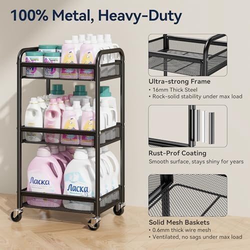 3 Tier Rolling Cart – Metal Utility Storage Carts with Wheels, Craft Cart Organizer with Hanging Cups, Hooks, Mesh Basket for Bedside Kitchen Office Art, Black