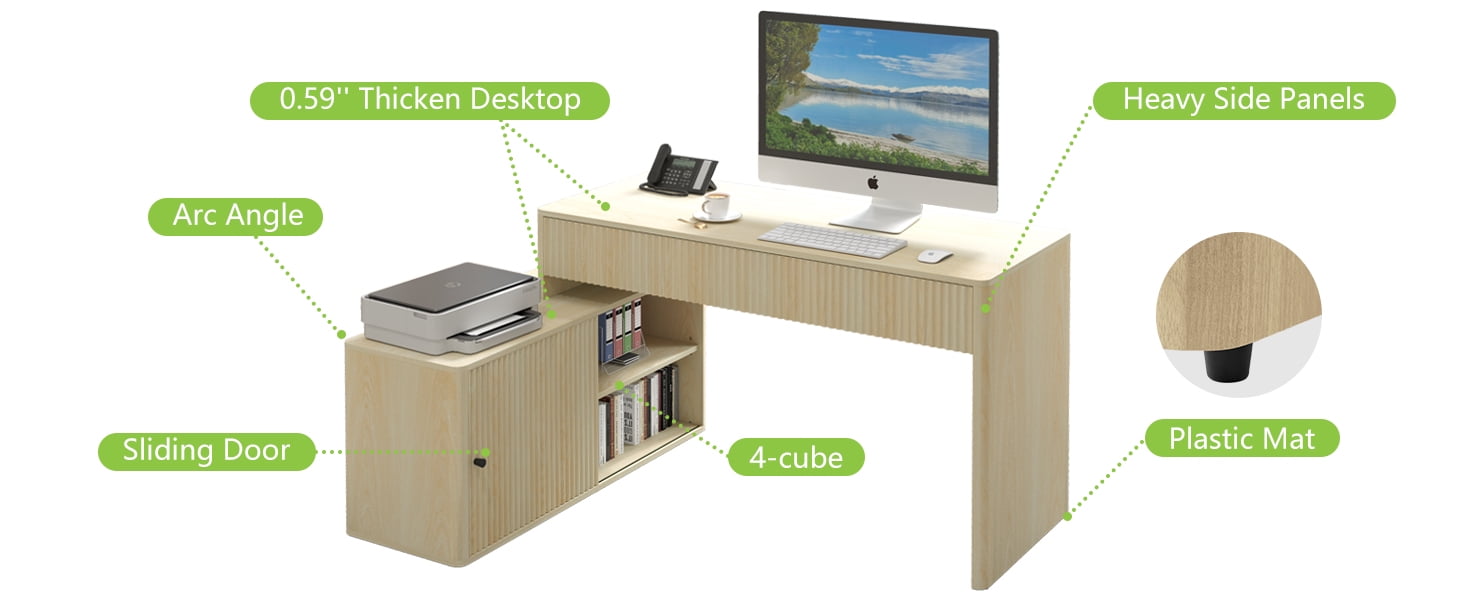 Wirrytor Modern L Shaped Desk with Storage, Corner Computer Desk with 2 Drawers and Sliding Door Cabinet, Home Office Desk for Small Spaces and Study Room, Sturdy Oak Finish Workstation