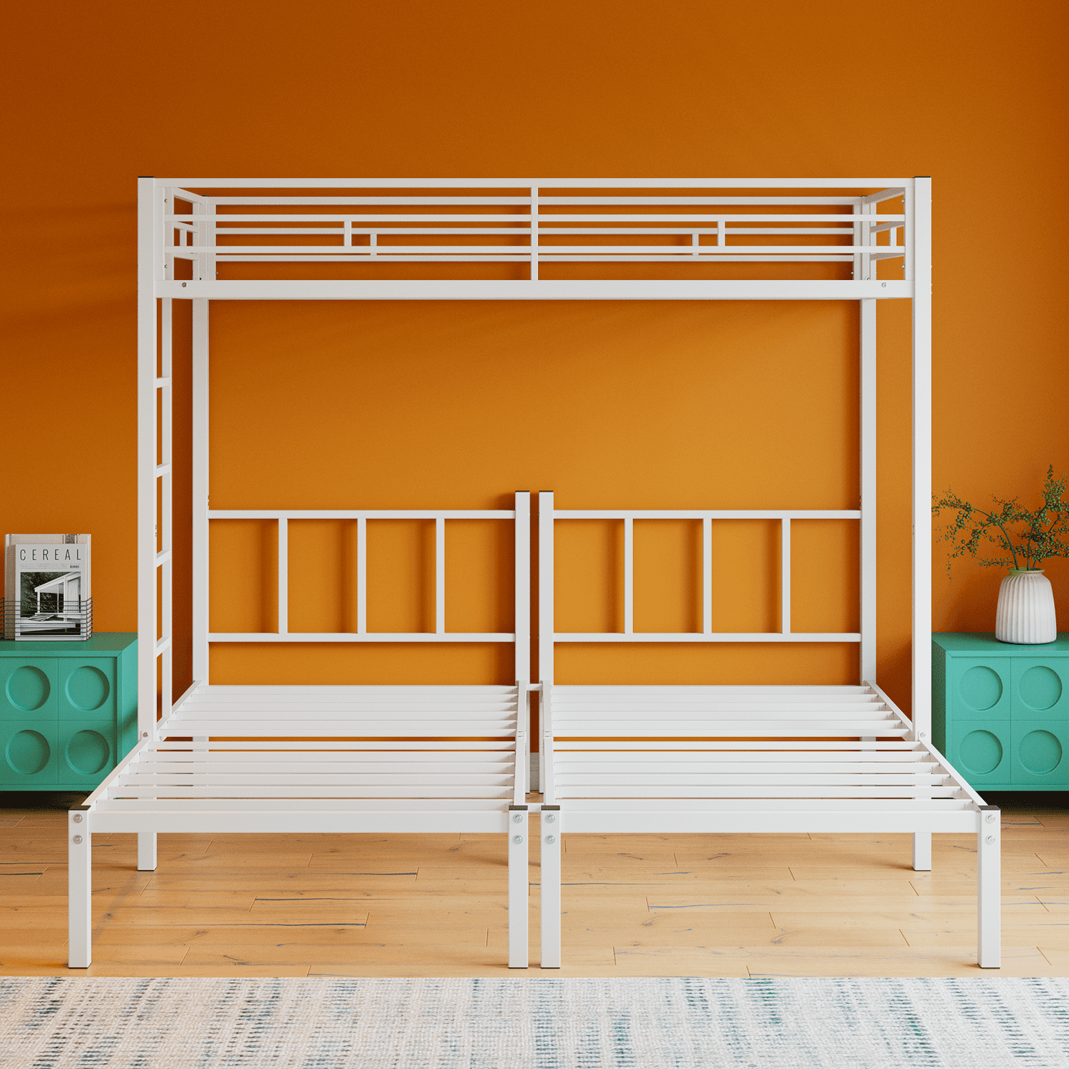Yoneston Convertible Triple Bunk Bed, 3 in 1 Metal Bunk Bed with Safety Guardrails & Ladder for Dorm, Guest Room, No Boxing Spring Needed, White