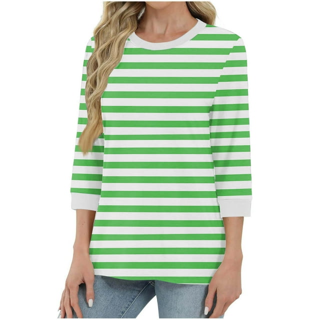 Fall Savings Horkkom 3/4 Length Sleeve Womens Tops Crew Neck Color Block Striped Shirt Fall Casual Tops L