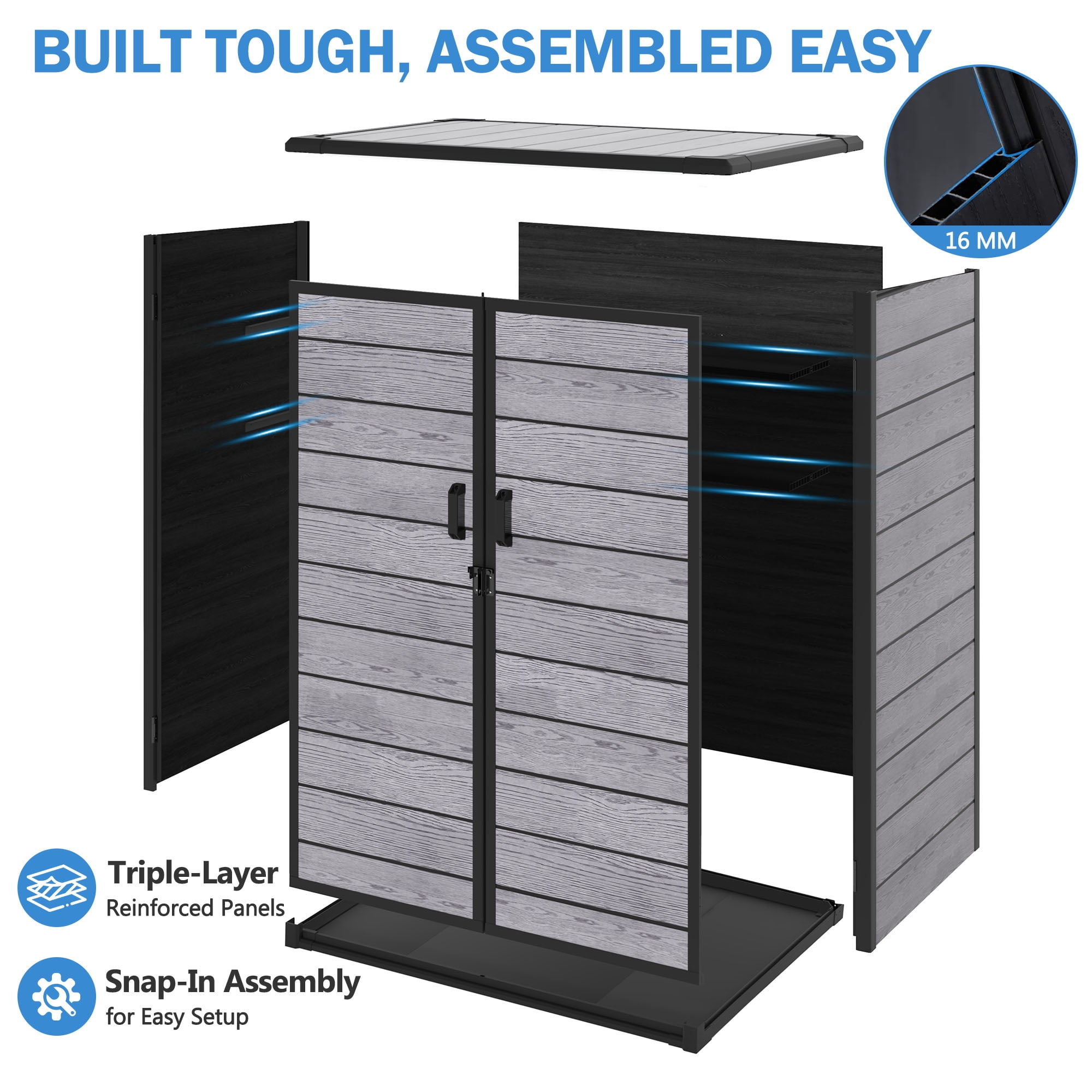 Sheds & Outdoor Storage, 4.6x3FT Outdoor Storage Shed with Floor, Waterproof Patio Plastic Shed Sloped Roof, Lockable Garden Bike Tool Shed Two Door Design, Wood Gray