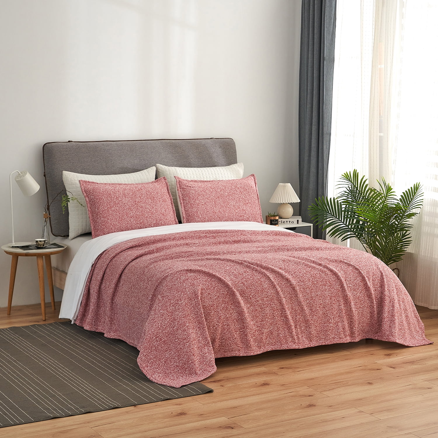 JML Knit Blanket Twin Size with 1 Sham Lightweight Fuzzy Jersey Blanket, 60"X80", Red