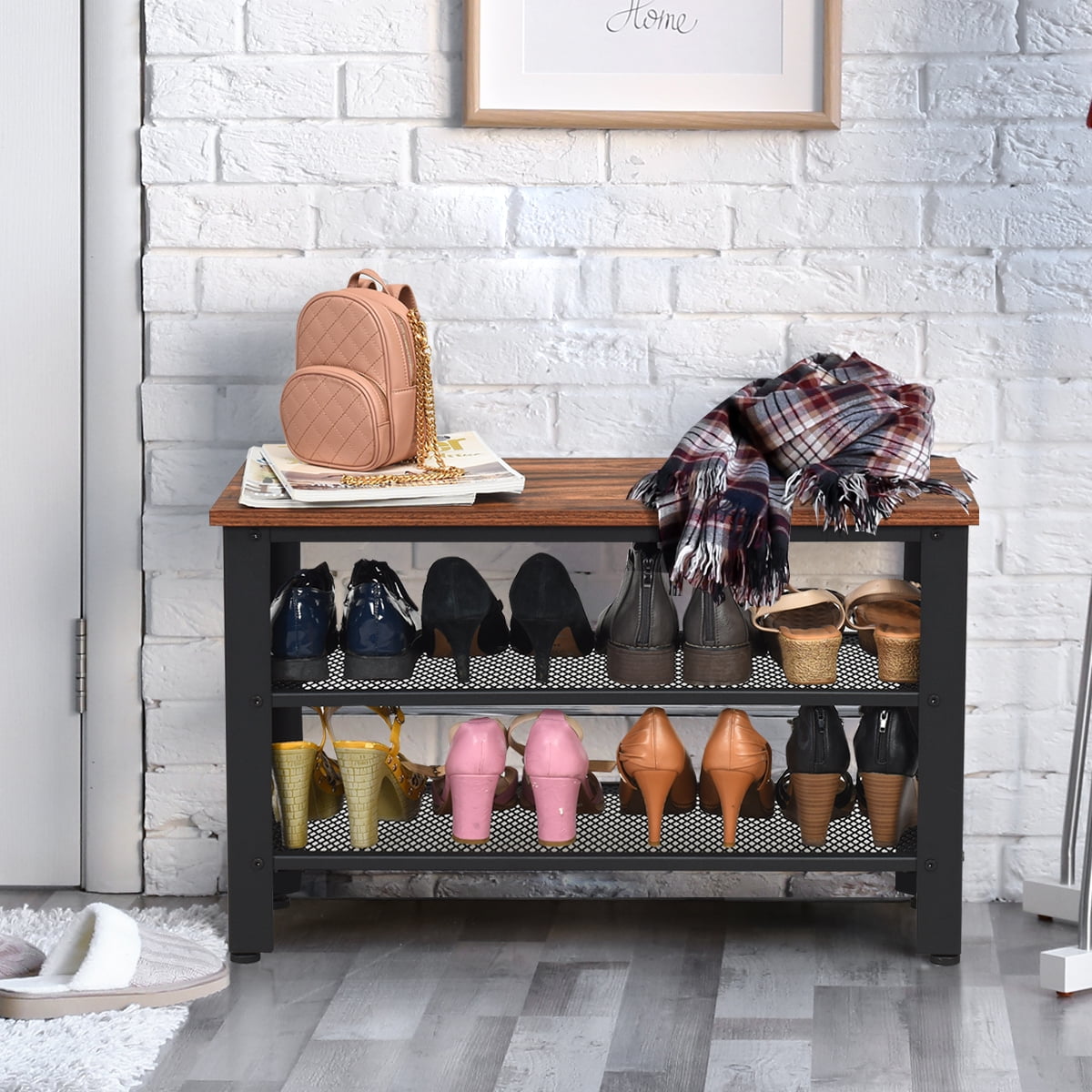 Giantex Storage Bench Rack with 2 Mesh Shelves, Metal 3-Tier Storage Industrial Shoe Rack Organizer, Shoe Bench for Entryway Hallway Living Room (Rustic Brown)