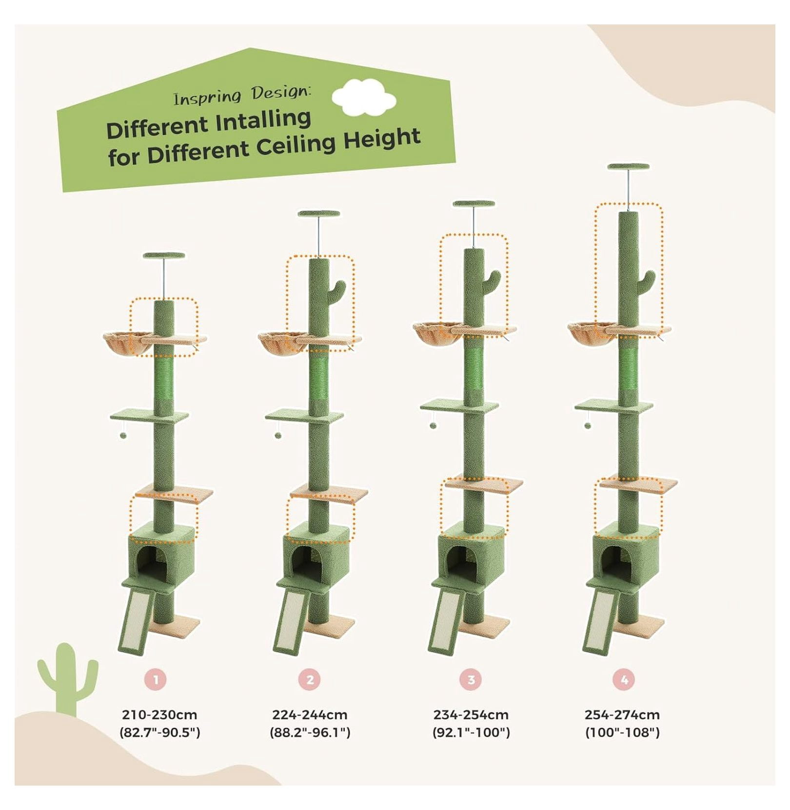 Floor to Ceiling Cat Tree, Tall Cat Tower Adjustable 83-108", 5 Levels for Indoor Cats - Condo, Hammock, Scratching Posts - Green