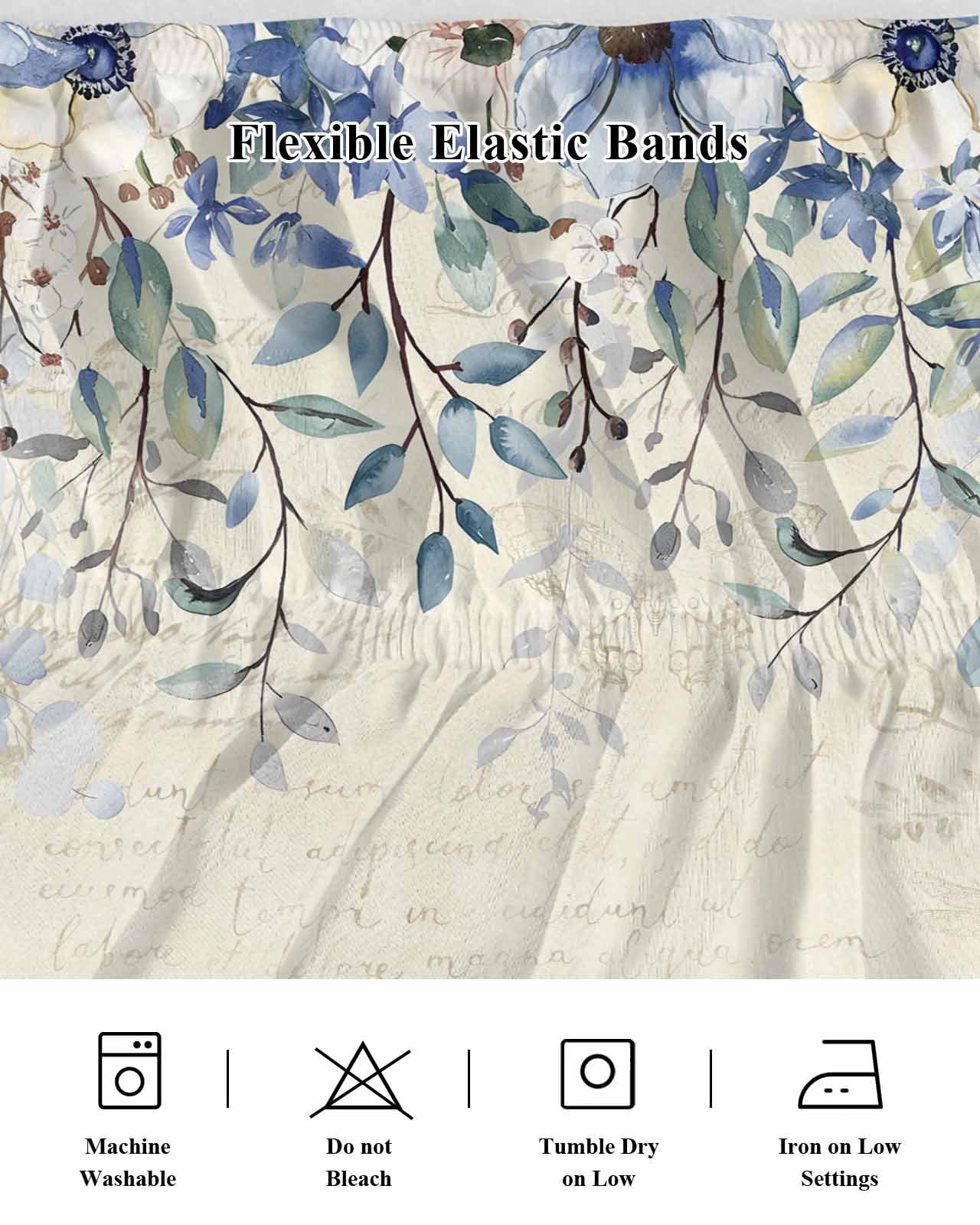 Blue Green Ruffle Bed Skirt Queen Size Flowers Eucalyptus Leaves Vintage Farmhouse Adjustable Elastic Dust Bed Skirts Wrap Around Bedskirt Wrinkle Free Easy Fit with 18 Inch Drop