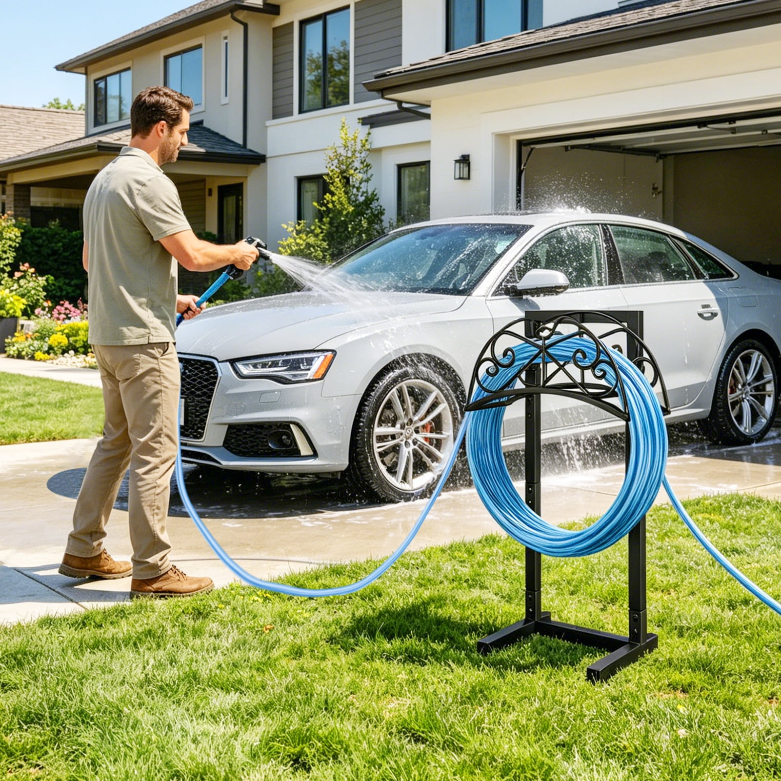 Garden Hose Holder with 4 Spikes Metal Hose Reels for Outside Holds 160 FT Hose, Heavy-Duty Waterhose Holder for Lawn Yard Farm, Black