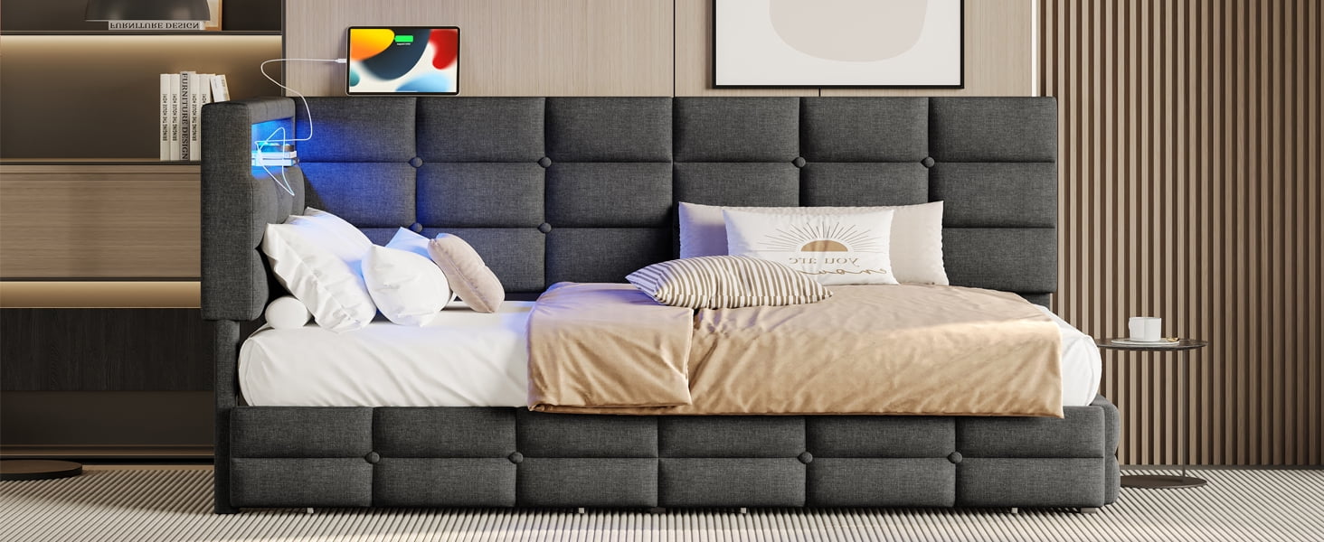 Euroco Upholstered Twin Size Daybed with Storage Headboard and Drawers, Sofa Bed with LED Light and USB Charging, Gray