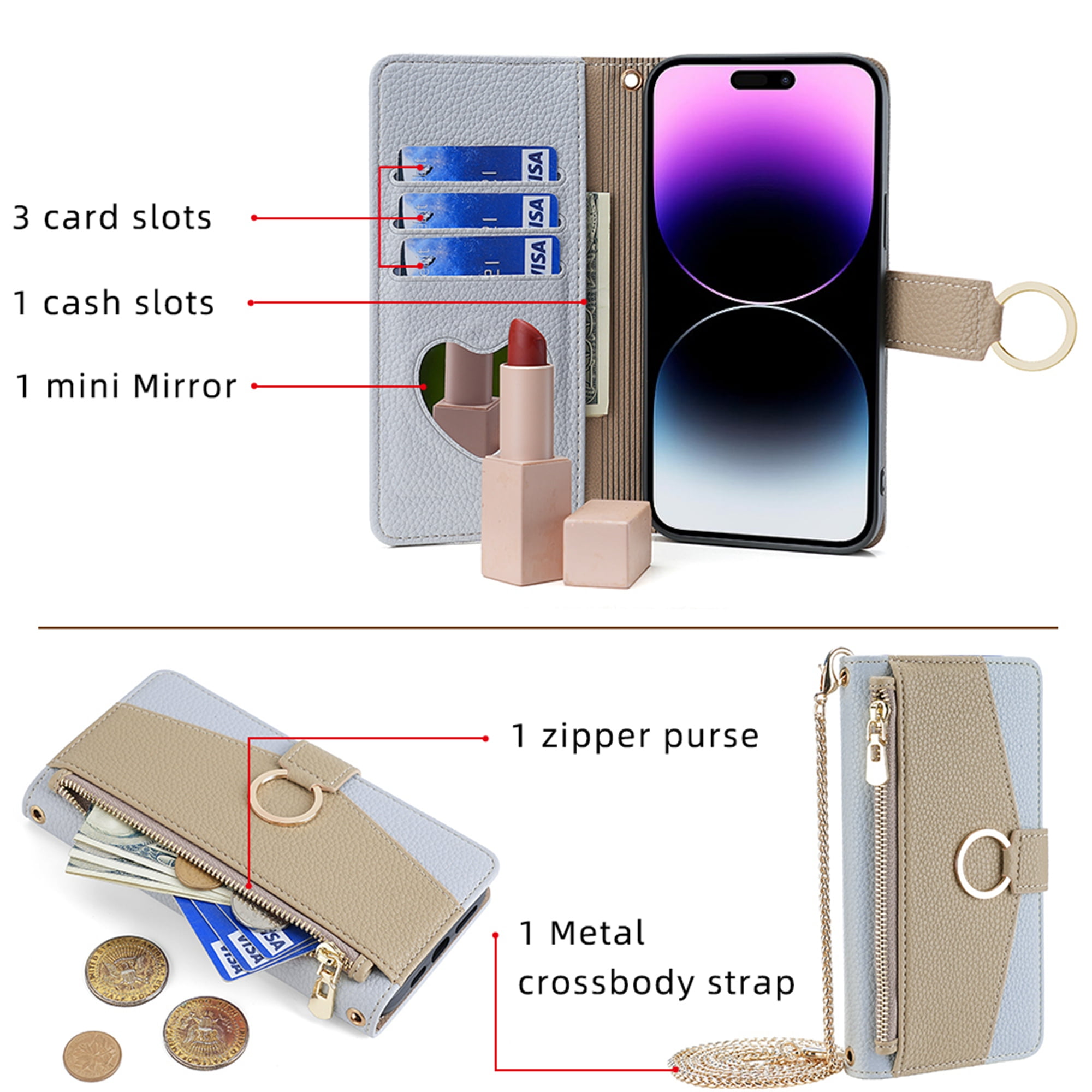 Dteck Crossbody Wallet Case for Samsung Galaxy S20 FE, Premium Color-Blocking PU Leather Zipper Purse with Card Holder Mini Mirror for Women Girls, Folio Flip Phone Case with Magnetic Closure,Blue