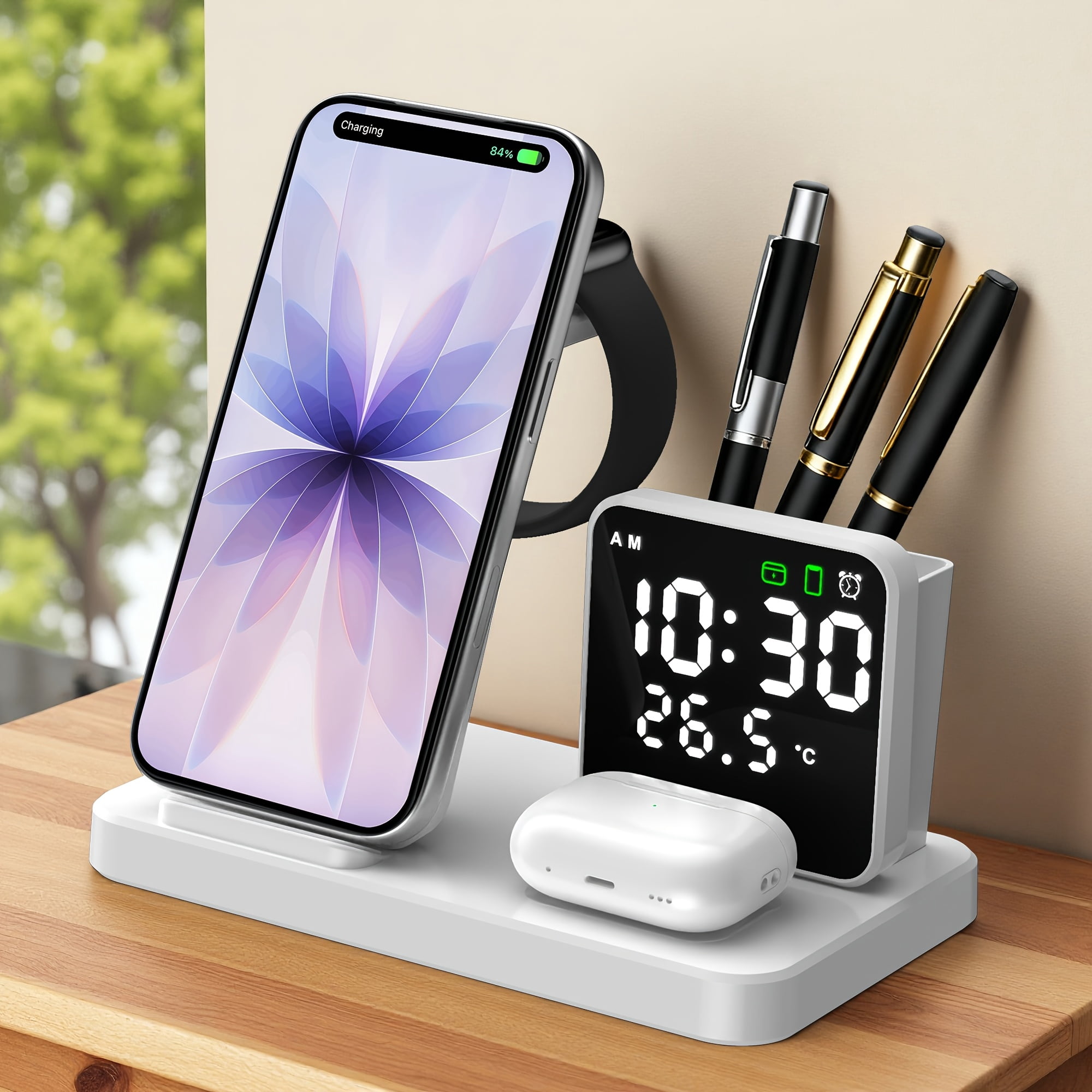 5 in 1 Wireless Charging Station with Alarm Clock, Time & Temperature Large Display, Snooze & Pen Holder, Multi Charger for iPhone, Apple Watch, AirPods