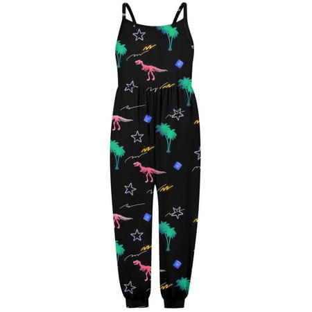 

Rovga Girls Clothes Dinosaurs Print Round Neck Sleeveless Romper Summer Holiday Jumpsuit Leisure Simple Style Outfitrs Black 5-6 Years
