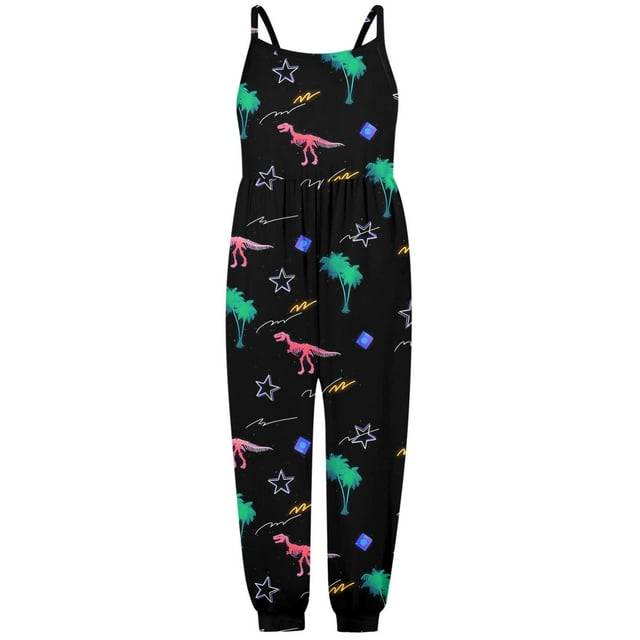 MIASHUI Combinaisons Sans Manches pour Filles Combinaisons Décontractées Amples Imprimés de Dinosaures Pantalons Longs, Noir, 2-3 Ans