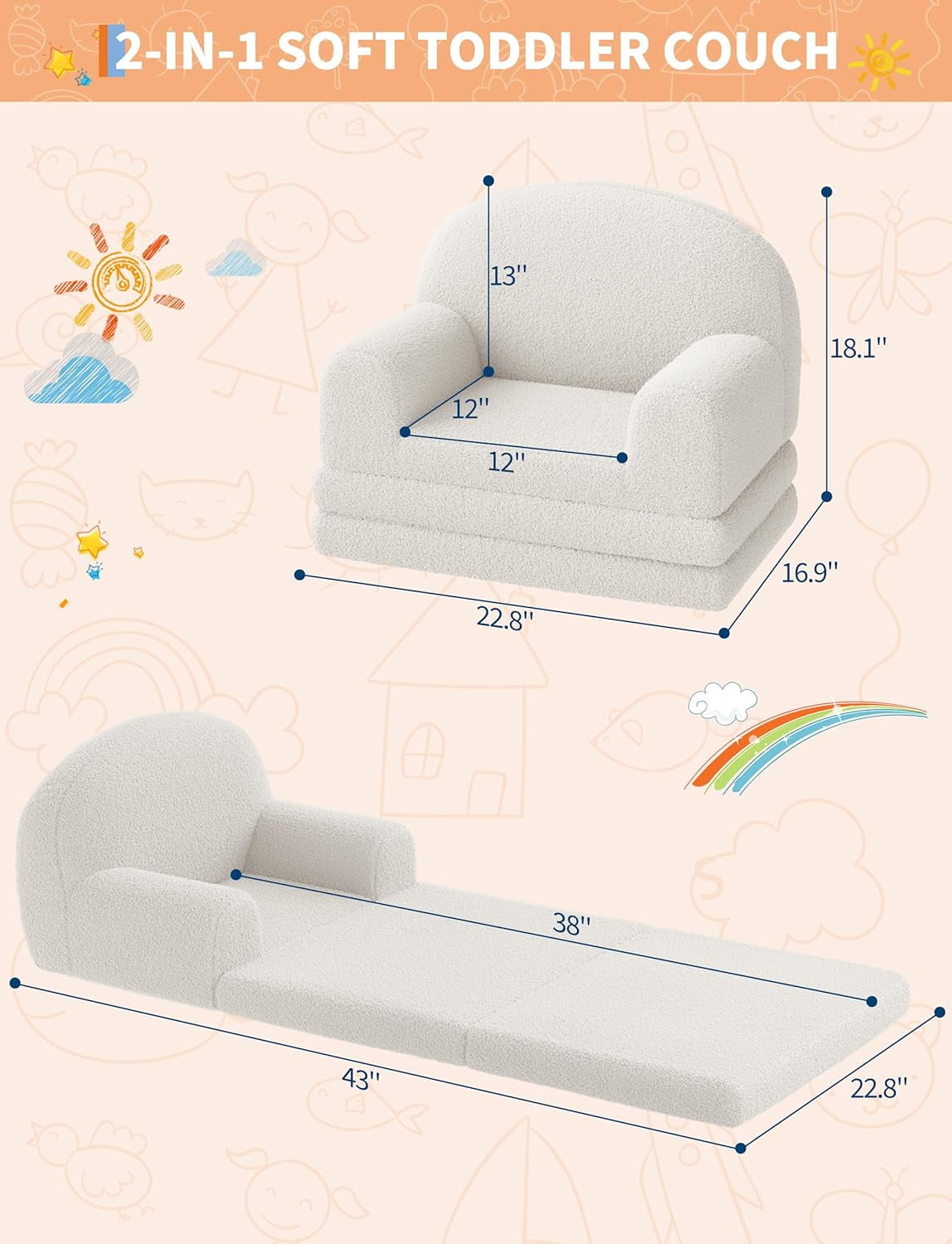 Kids Couch, 2-in-1 Convertible Teddy Fleece Fabric Toddler Sofa Chair, Soft Fold Out Couch Lounger for Kids, Comfy Children's Sofa Bed for Playroom, Nursery, Birthday Gift (White Moon)