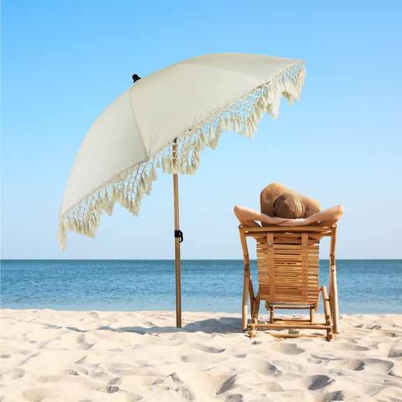 Northlight Outdoor Macrame Boho Beach Market Umbrella with Tilt - 6.5' - Cream