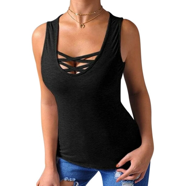 Plus Size Women Sexy Sleeveless Strap Bandage Lace Up Plain Blouse Vest  Tank Tops Slim Ladies Summer T-Shirt - Walmart.com