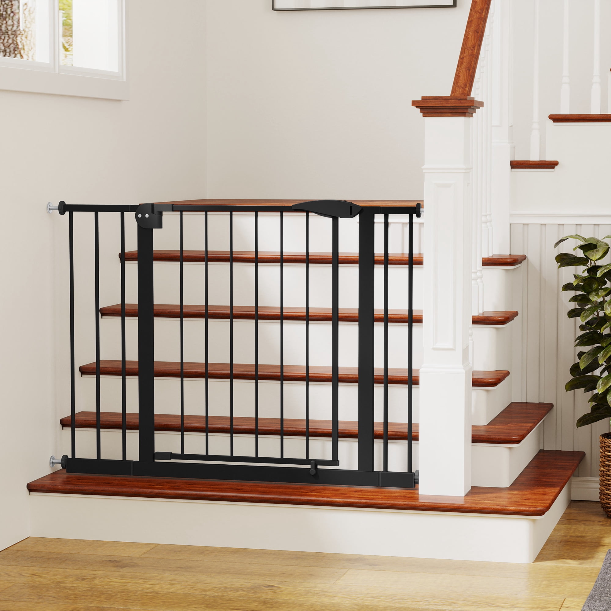 Noble House 45.3" Pressure Mounted Baby Gate for Stairs and Doorways, Steel Walk Through Safety Gate for Kids, Black