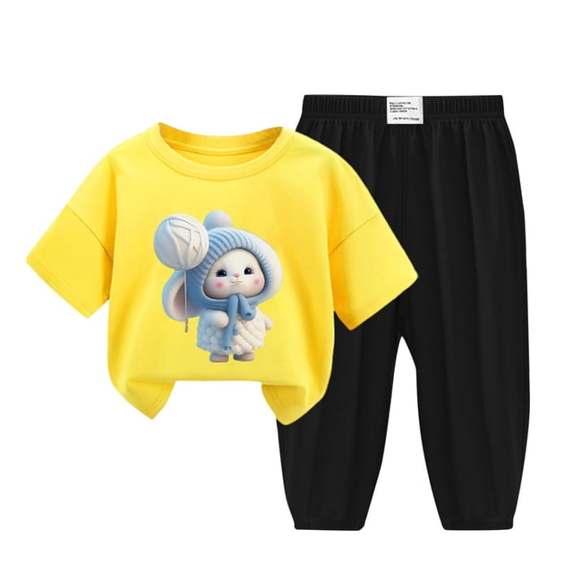 Odeerbi 2-12 Años Niño Niña Conjunto de Verano Camiseta de Manga Corta de Algodón Ice Silk Pantalón de Chándal Conjunto de Dos Piezas de Ropa Interior Estampada