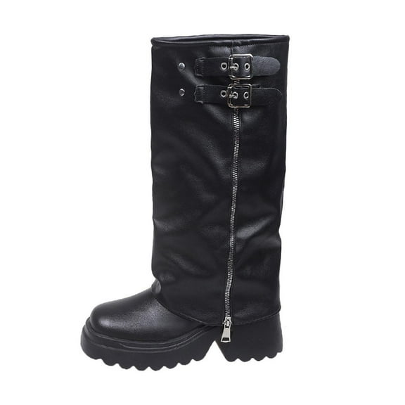 Xfvqtps Womens Square Toe Knee High Boots Side Zipper Closure Flatform Flat Sole Chunky Heel Winter Fashion Boots Faux Leather Boots Black