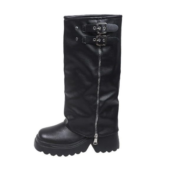 Bottes Hauteur Genou pour Femmes, Bottes à Talon Épais à Bout Carré avec Fermeture Éclair Latérale, Bottes à Plateforme à Talon Moyen, Chaussures d'Hiver Décontractées et Polyvalentes