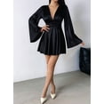 thumbnail image 6 of Women'S Deep V Neck Long Sleeve Mini Satin Silk Dress Elegant Flowy Wedding Guest Party Short Dresses Black XS, 6 of 9