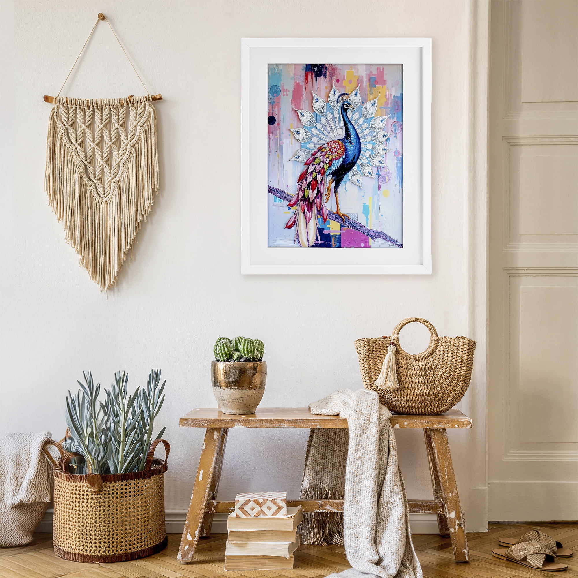 Stupell Industries Radiant Peacock on Branch White Framed Print Under Glass, design by Tabz Jones