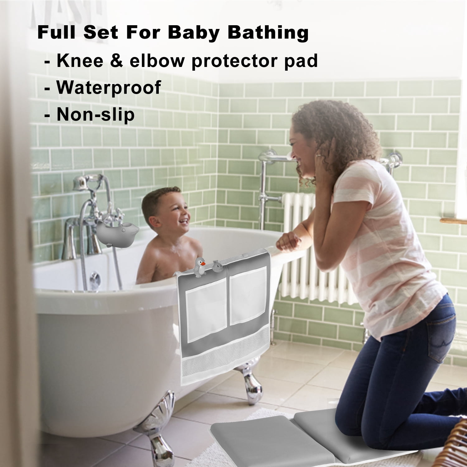 Bath Kneeler and Elbow Rest Pad Set with Toy Organizer - Bath Spout Cover Gray Sea Lions