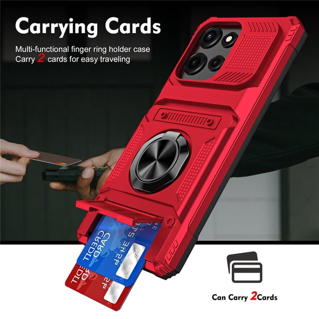 For Motorola Moto G Play 2025 Phone Case with Finger Ring Holder Kickstand, Card Slots,Heavy Duty Shockproof Rugged Protective Working with Magnetic Car Phone Mount,Red,For Moto G Play 2025