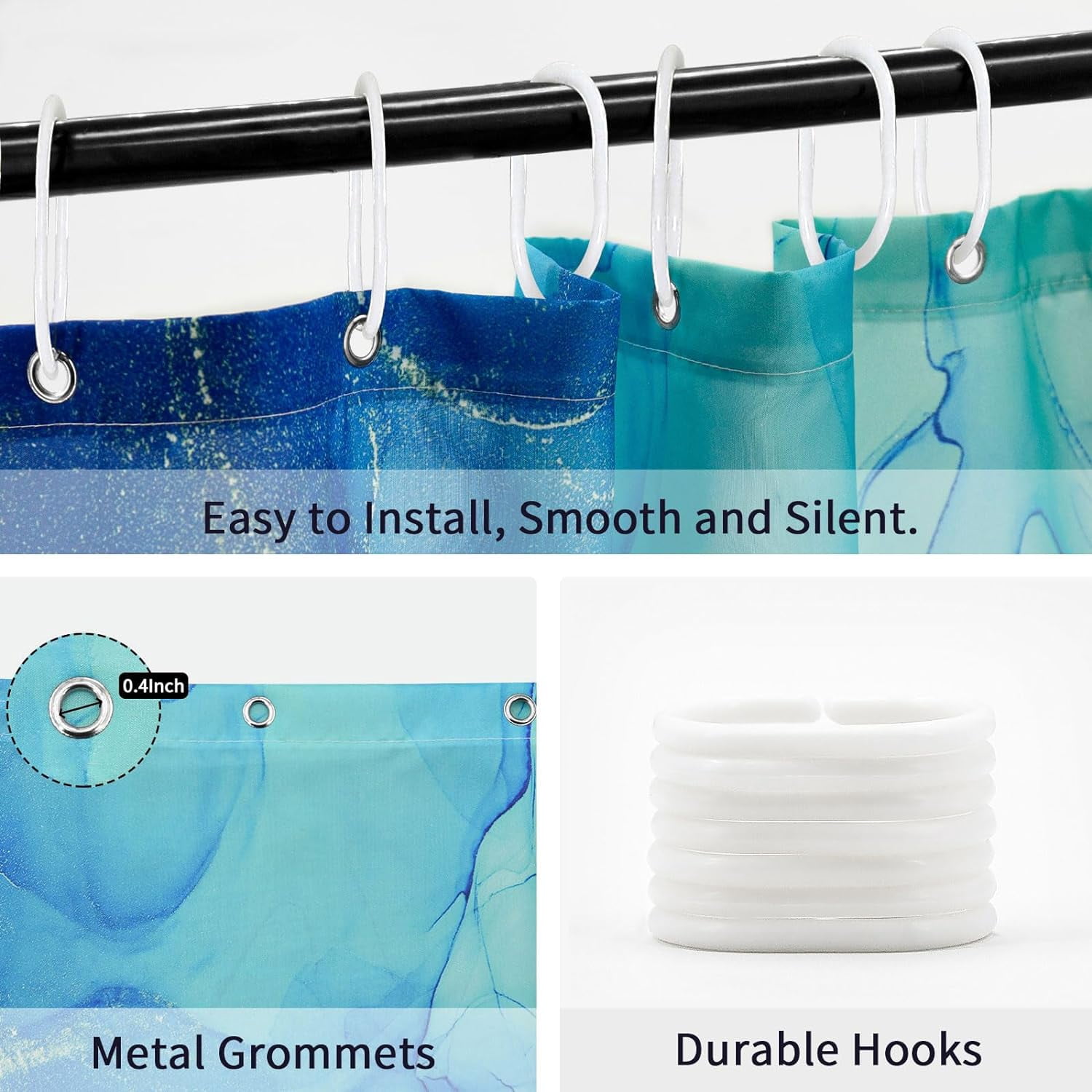 Blue Marble Shower Curtain, Abstract Royal Blue Fabric Shower Curtain for Bathroom, Modern Ombre Watercolor Ink Art Shower Curtain Set with Hooks, 72 x 72