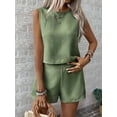 thumbnail image 4 of Womens 2 Piece Summer Linen Outfits Short Sets Round Neck Sleeveless Tank Top Elastic High Waisted Shorts  Green S, 4 of 8