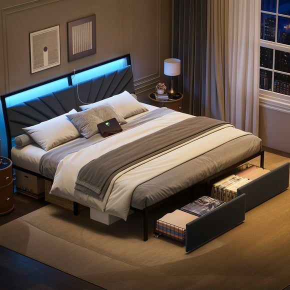 GUNAITO Cadre de Lit Très Grand avec Tête de Lit Ergonomique Inclinée Rembourrée, Lit Plateforme avec 2 Tiroirs, Lit en Métal avec Port USB et Lumière DEL, Gris Foncé
