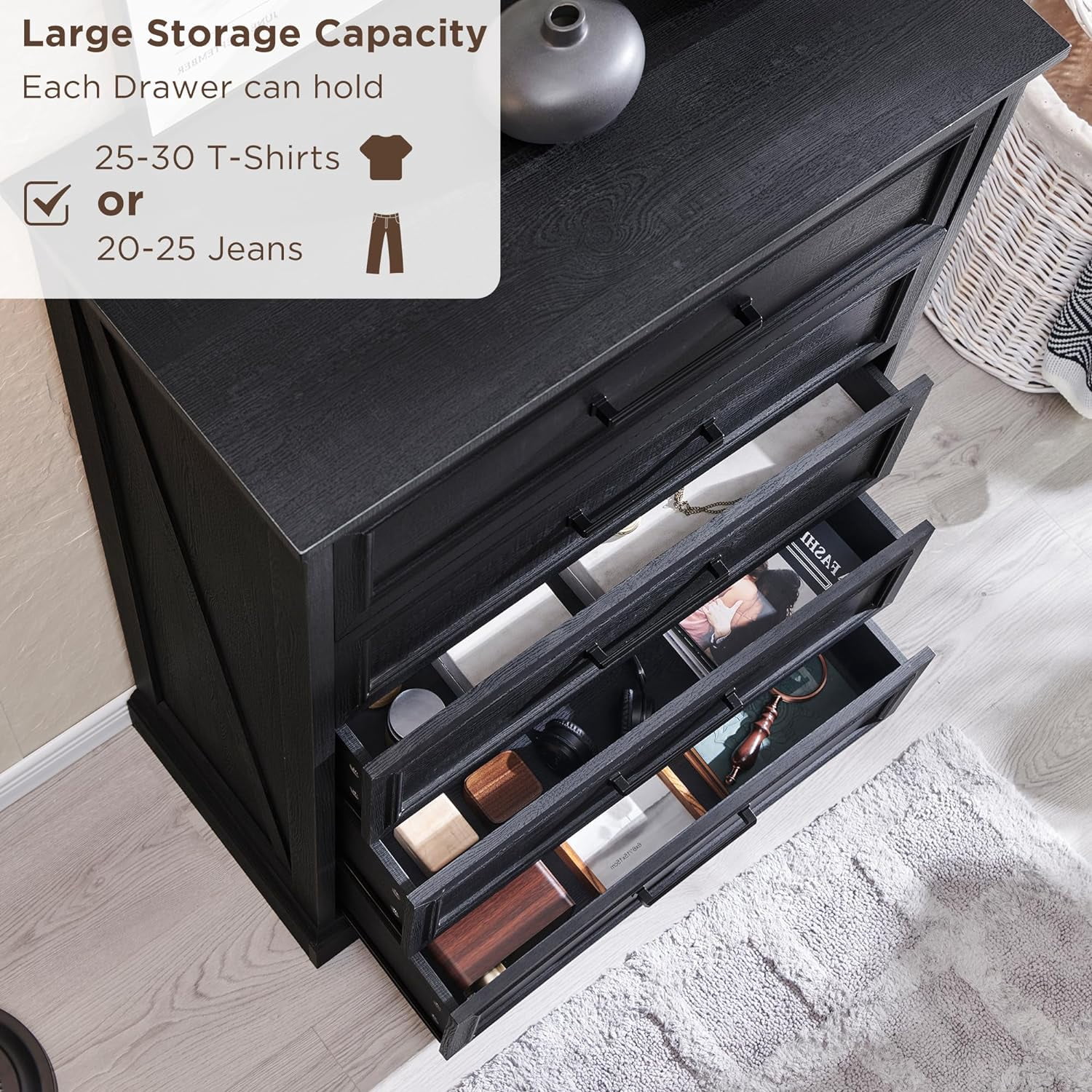 ACCOHOHO 5-Tier Storage Dressers, Wood Rustic Chest of Drawers for Bedroom Living Room, Black