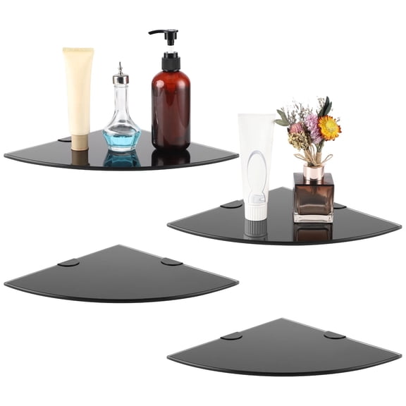 4 PCS Corner Glass Shower Caddy, Thick Tempered Glass Wall Mount Corner Shelves with Metal Brackets Screws, Space Saving Bathroom Organizer for Shampoo Toiletries Kitchen Living Room