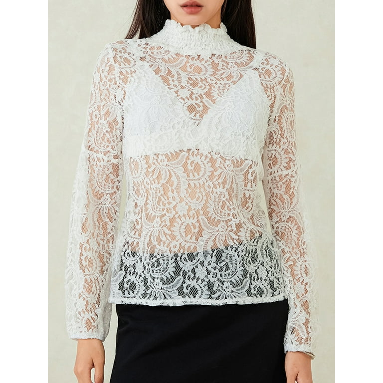 Women T-shirt, Long Sleeve Turtleneck See-through Lace Tops