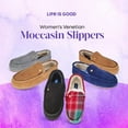 thumbnail image 3 of LIFE IS GOOD Women's Venetian Moccasin Slippers, 302795W - Suede Close Back Indoor/Outdoor Slip-Ons with Faux Fur or Plaid Lining Cushioned Footbed & EVA Outsoles Tan/Plaid - Size 9, 3 of 8