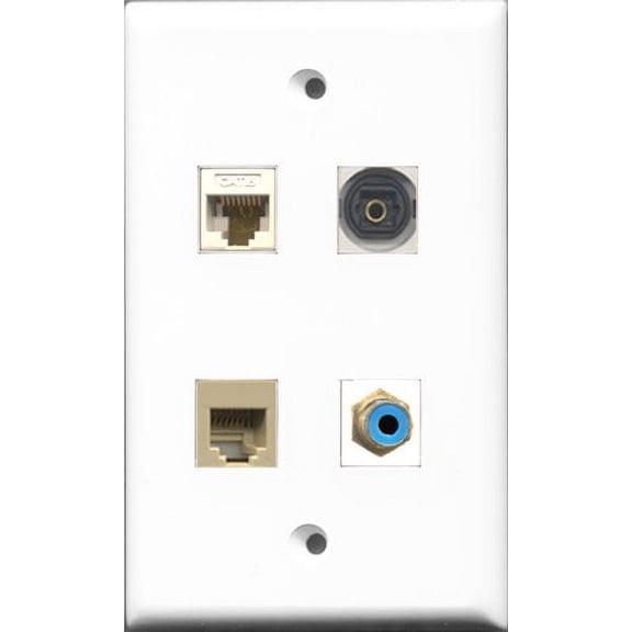 RiteAV 1 Port RCA Blue and 1 Port Phone RJ11 RJ12 Beige and 1 Port Toslink and 1 Port Cat6 Ethernet White Wall Plate