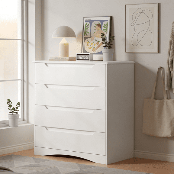 Asofer 32"H 4-Drawer Dresser with Modern Cutout Handles – Stylish Dresser for Bedroom, Living Room,Hallway,White