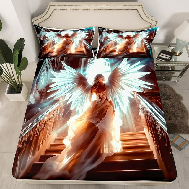 Erosebridal Ensemble de Drap-Housse Fille Ange Grand Lit, Literie Ailes de Fée Format Grand Lit 3 Pcs (Sans Drap du Dessus)