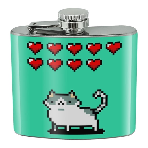 Nine Lives Cat Pixel Retro Game Stainless Steel 5oz Hip Drink Kidney Flask