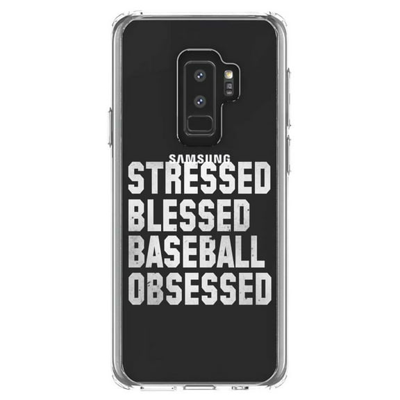 DistinctInk Clear Shockproof Hybrid Case for Samsung Galaxy S9  PLUS (6.2" Screen) - TPU Bumper Acrylic Back Tempered Glass Screen Protector - Stressed Blessed Baseball Obsessed