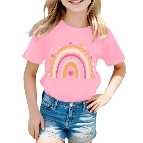 Hienoo Girls Cute Graphic T-Shirt Casual Rainbow Print Short Sleeve Crew Neck T Shirt,Pink