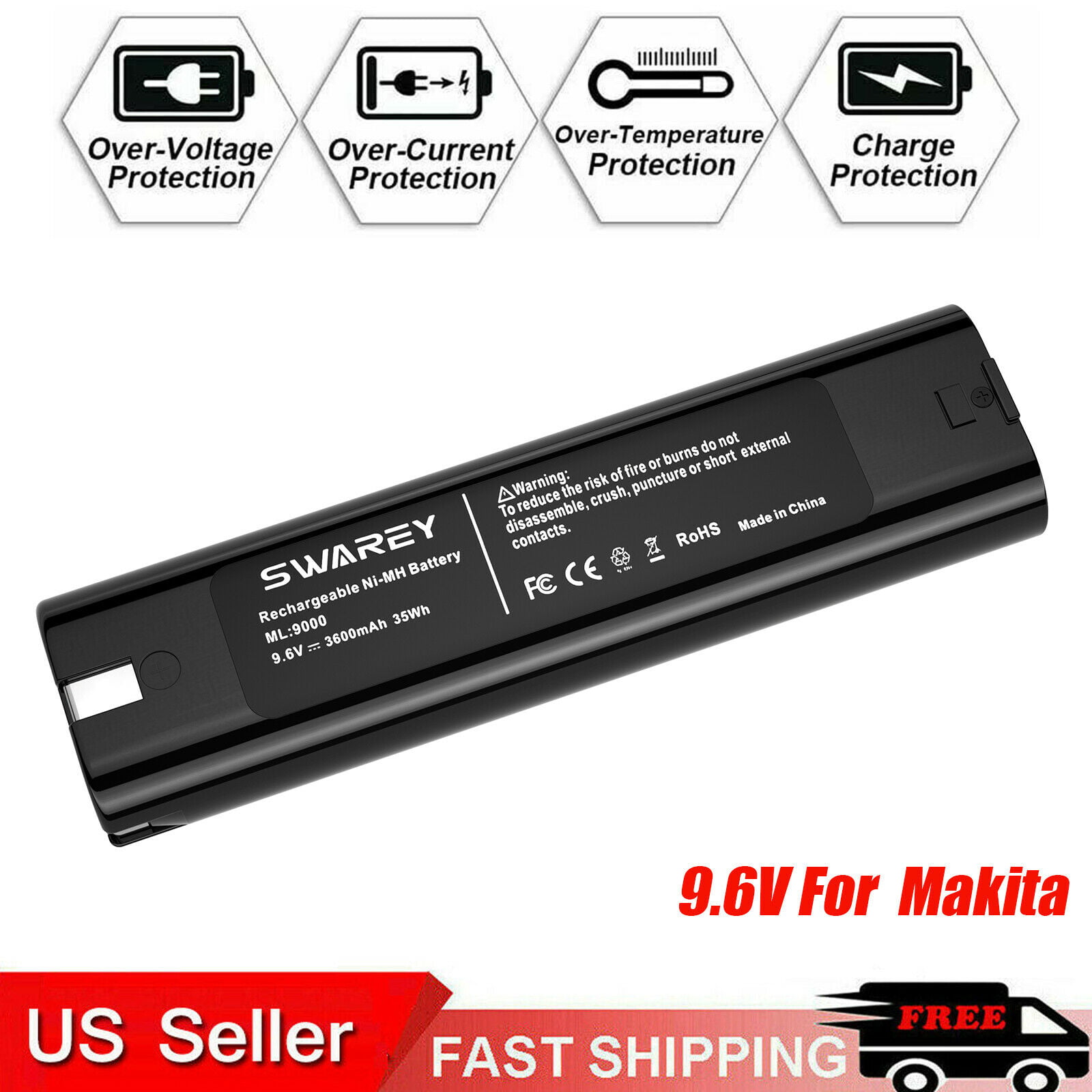 2Pack Replacement for Makita 9.6V 3.6Ah Battery 9000 9001 9002 9033 9600 193890-9 192696-2 632007-4 